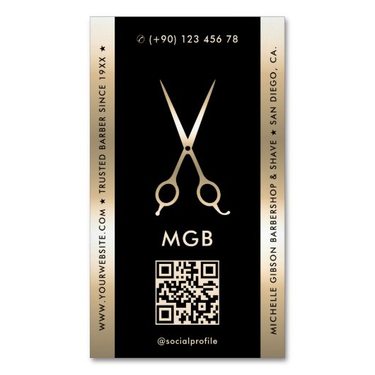Elegante Barber Barbershop Zwart Gouden Schaar Magnetisch Visitekaartje (Voorkant Verticaal)