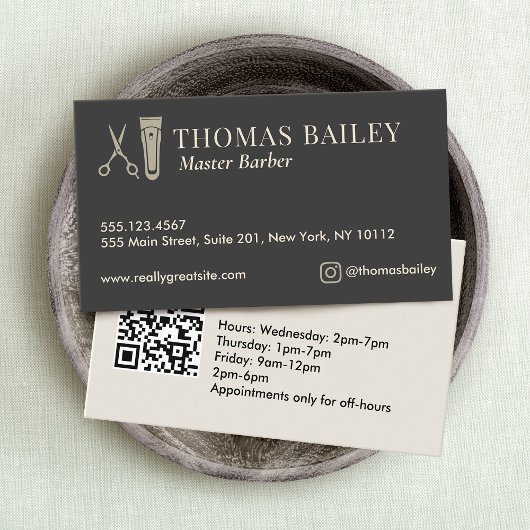Elegante Barber Buzzer en Schaar QR Visitekaartje