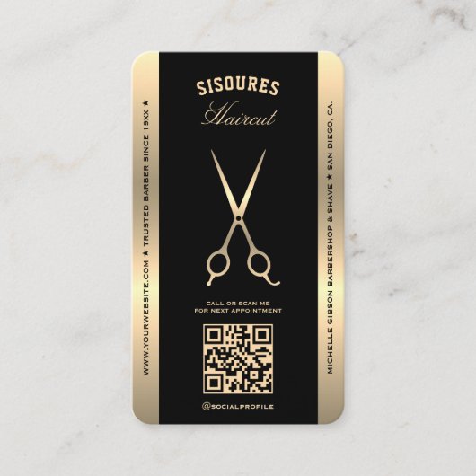 Elegante Barber Faux Gold Schaar Loyaliteit Kaart Visitekaartje (Voorkant)