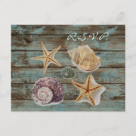 Elegante Barnwood Seashells Beach Wedding RSVP Uitnodiging Briefkaart