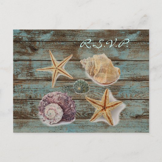 Elegante Barnwood Seashells Beach Wedding RSVP Uitnodiging Briefkaart (Voorkant)