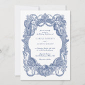 Elegante Barok Blauw Toile Lijst bruiloft Kaart (Voorkant)