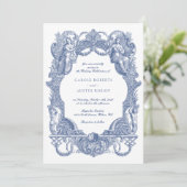 Elegante Barok Blauw Toile Lijst bruiloft Kaart (Staand voorkant)