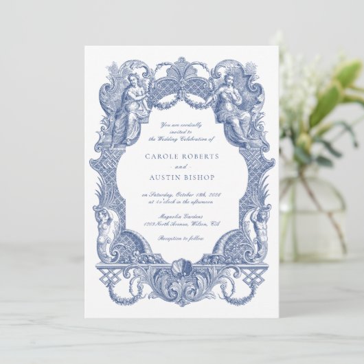 Elegante Barok Blauw Toile Lijst bruiloft Kaart (Staand voorkant)
