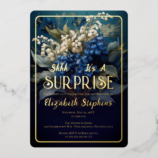 Elegante Barok Blauwe Bloemen Verrassing 21ste Ver Folie Uitnodiging (Voorkant)