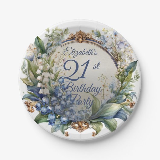 Elegante Barok Bloemen Lijst 21ste Verjaardag Part Papieren Bordje (Voorkant)