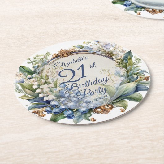 Elegante Barok Bloemen Lijst 21ste Verjaardag Part Ronde Kartonnen Onderzetter (Gebogen)