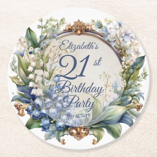 Elegante Barok Bloemen Lijst 21ste Verjaardag Part Ronde Kartonnen Onderzetter (Voorkant)