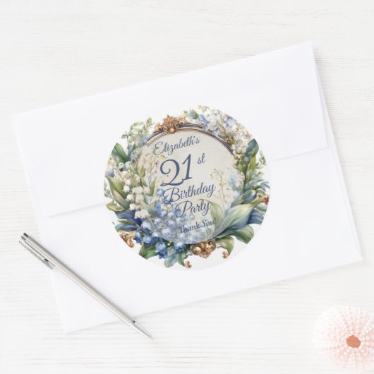Elegante Barok Bloemen Lijst 21ste Verjaardag Part Ronde Sticker (Envelop)