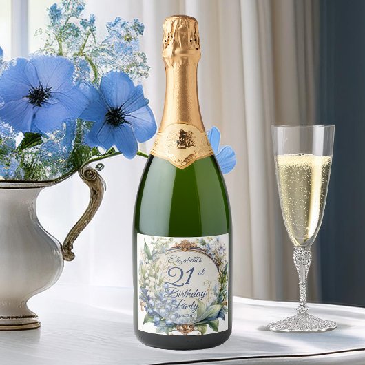 Elegante Barok Bloemen Lijst 21ste Verjaardag Part Sparkling Wijnetiket