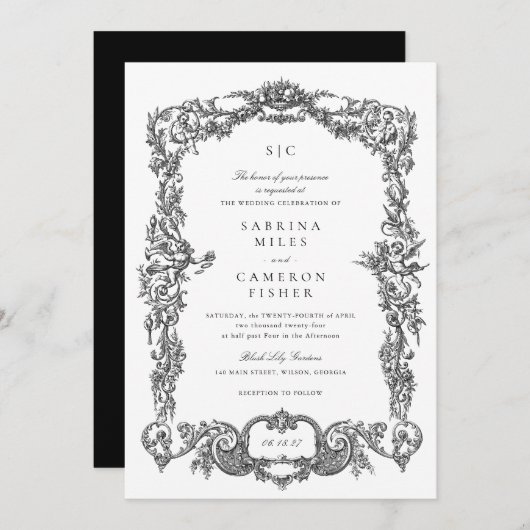 Elegante  Barok Bloemen Lijst bruiloft Kaart (Voorkant / Achterkant)