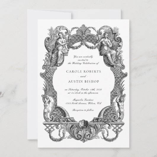 Elegante  Barok Bloemen Toile Lijst bruiloft Kaart (Voorkant)