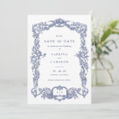 Elegante  Barok Frans Blauw Save the Date Kaart (Staand voorkant)