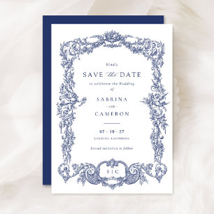 Elegante  Barok Frans Blauw Save the Date Kaart