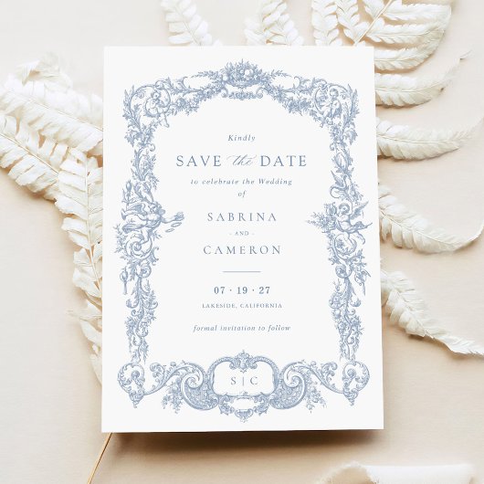 Elegante  Barok Frans Blauw Save the Date Kaart