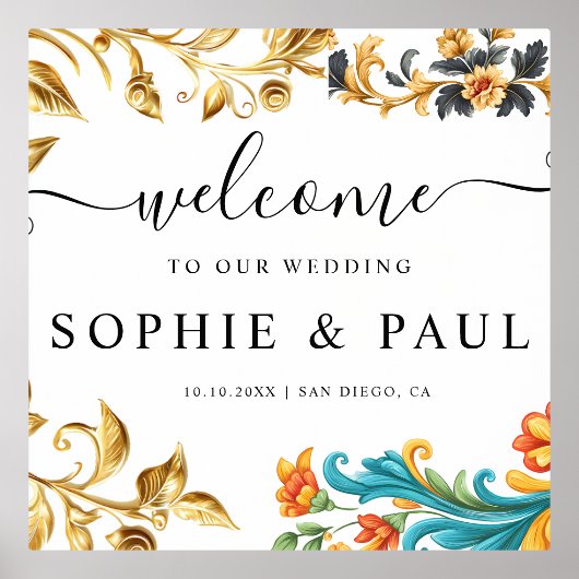 Elegante Barok Goud Blauwgroen bruiloft Welkomstbo Folie Afdrukken (Voorkant)