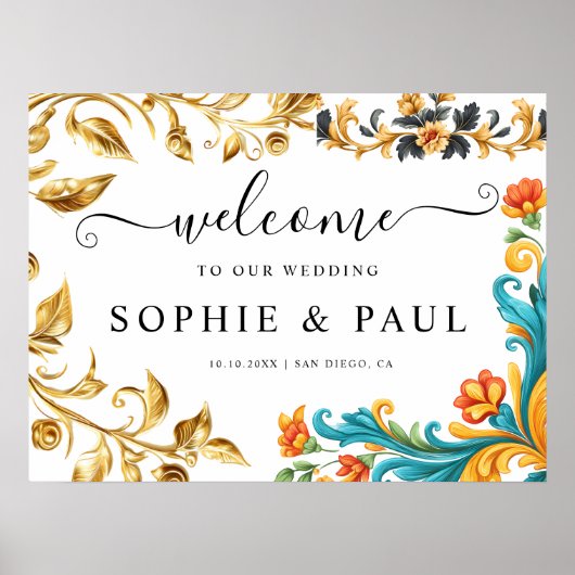 Elegante Barok Goud Blauwgroen bruiloft Welkomstbo Poster (Voorkant)