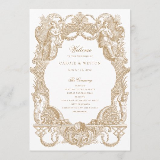 Elegante Barok Lijst Toile Gold Wedding Programmakaart (Voorkant)