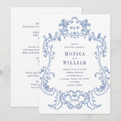 Elegante Barok Stof Blauw Klasse Lijst Trouw Kaart (Voorkant / Achterkant)