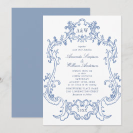 Elegante Barok Stof Blauw Sierlijke Lijst Bruiloft Kaart