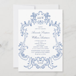 Elegante Barok Stofblauw Sierlijke Lijst Bruiloft Kaart