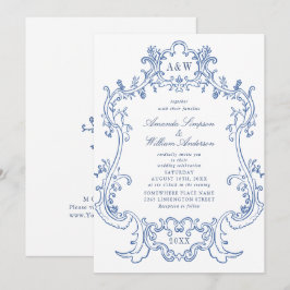 Elegante Barok Stofblauw Sierlijke Lijst Bruiloft Kaart