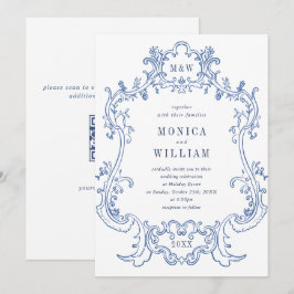 Elegante Barok Stofblauwe Lijst Huwelijks QR-code Kaart