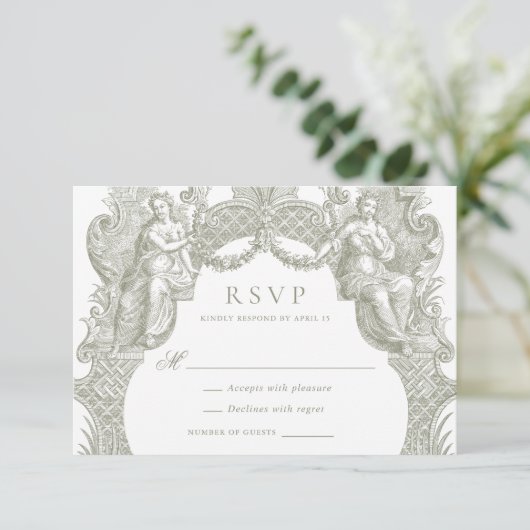 Elegante  Barok Toile Lijst bruiloft RSVP Kaart (Staand voorkant)