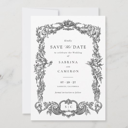 Elegante  Barok Toile Lijst Save the Date Kaart (Voorkant)
