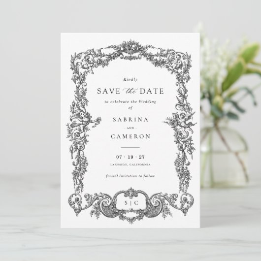 Elegante Barok Toile Lijst Save the Date Kaart (Staand voorkant)