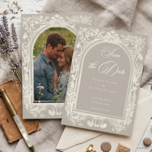 Elegante Barok Vintage Neutrale Taan Ivoor Huwelij Save The Date