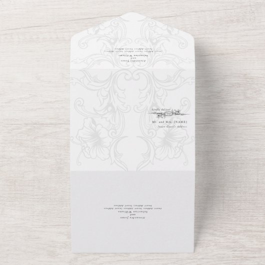 Elegante Barok Zwart Wit Bloemen Formele bruiloft All In One Uitnodiging (Buitenkant)