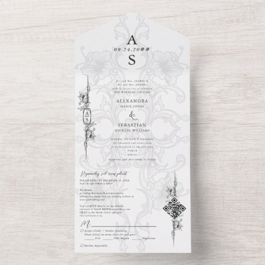 Elegante Barok Zwart Wit Bloemen Formele bruiloft All In One Uitnodiging (Binnen)