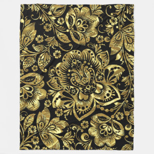 Elegante barokbloemendamast in goud & zwart fleece deken