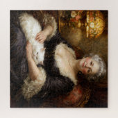 Elegante barokdame poserend met witte kat legpuzzel (Horizontaal)