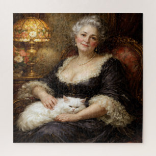 Elegante barokdame poserend met witte kat legpuzzel