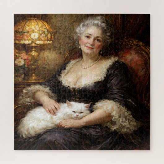 Elegante barokdame poserend met witte kat legpuzzel (Verticaal)