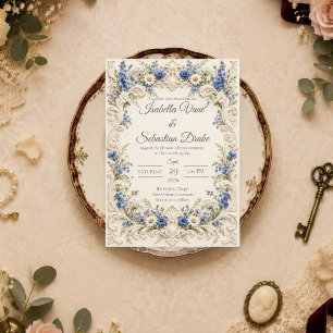 Elegante Barokke Blauwe Wilde Bloemen Bruiloft Kaart
