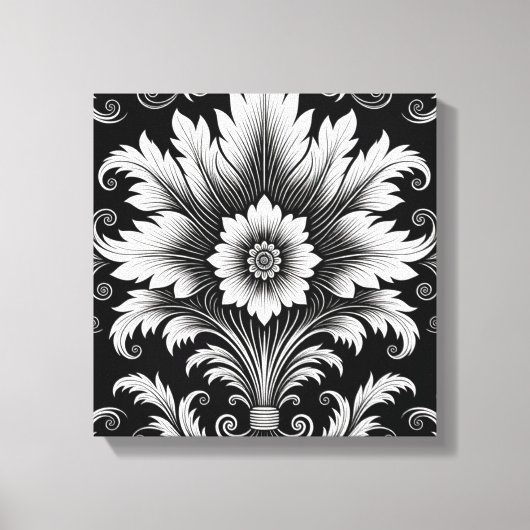Elegante Barokke Bloemen Patroon-Zwart & Wit decor Canvas Afdruk (Voorkant)