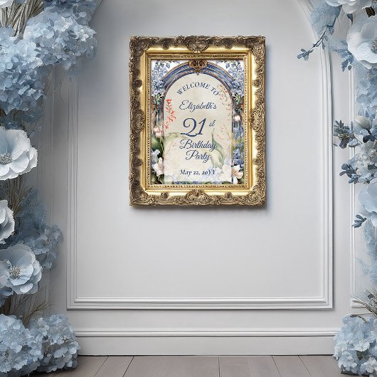 Elegante barokke bloemenboog 21e verjaardagsfeest poster