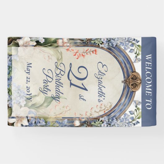 Elegante barokke bloemenboog 21e verjaardagsfeest spandoek (Horizontaal)