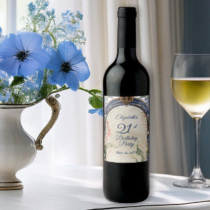 Elegante barokke bloemenboog 21e verjaardagsfeest wijn etiket