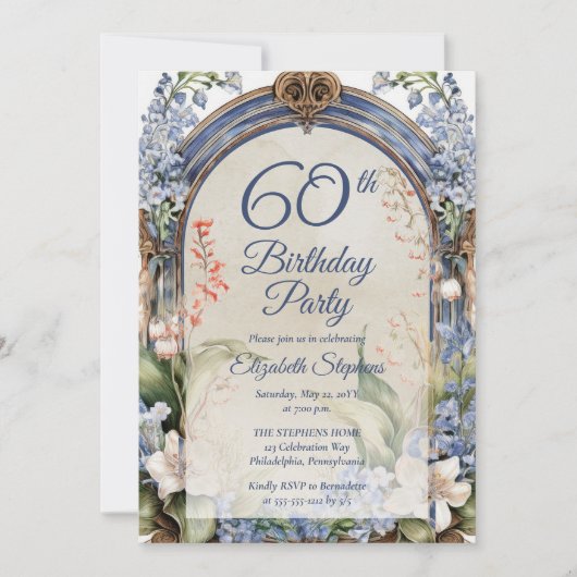 Elegante barokke bloemenboog 60e verjaardagsfeest kaart (Voorkant)