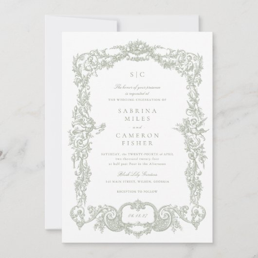 Elegante  Barokke Bloemensalie Lijst bruiloft Kaart (Voorkant)