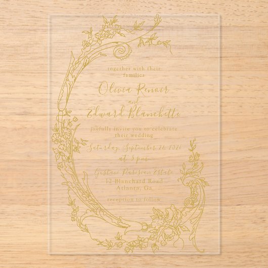 Elegante barokke Chinoiserie gouden bruiloft Acryl Uitnodigingen (Voorkant)