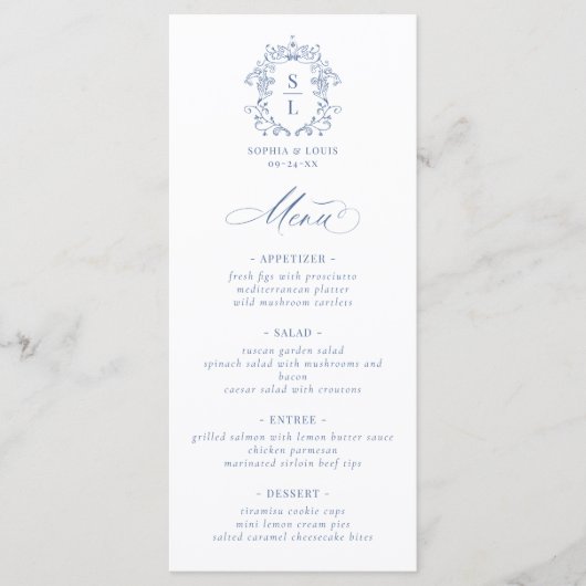Elegante Barokke Crest Monogram Blauw Huwelijk Menu (Voorkant)