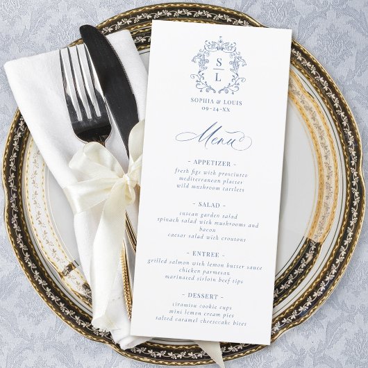 Elegante Barokke Crest Monogram Blauw Huwelijk Menu