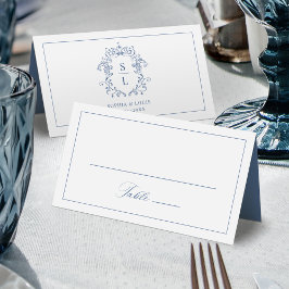 Elegante Barokke Crest Monogram Blauw Huwelijk Plaatskaartje