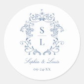 Elegante Barokke Crest Monogram Blauw Huwelijk Ronde Sticker (Voorkant)