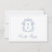 Elegante Barokke Crest Monogram Blauw Huwelijk RSVP Kaartje (Voorkant)